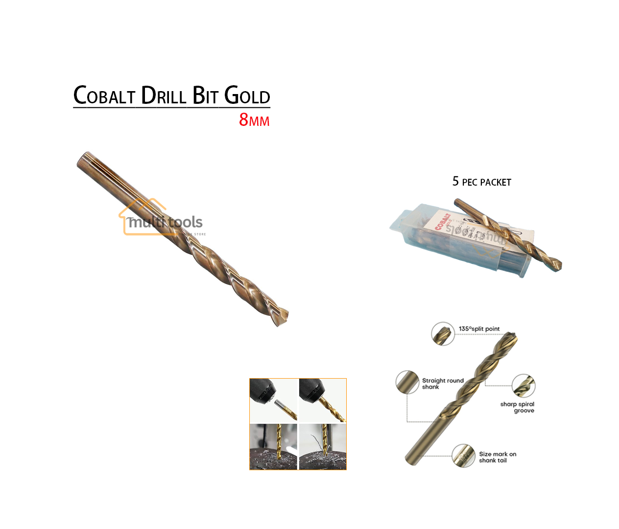 5-Pcs (8Mm) Cobalt Drill Bit Gold